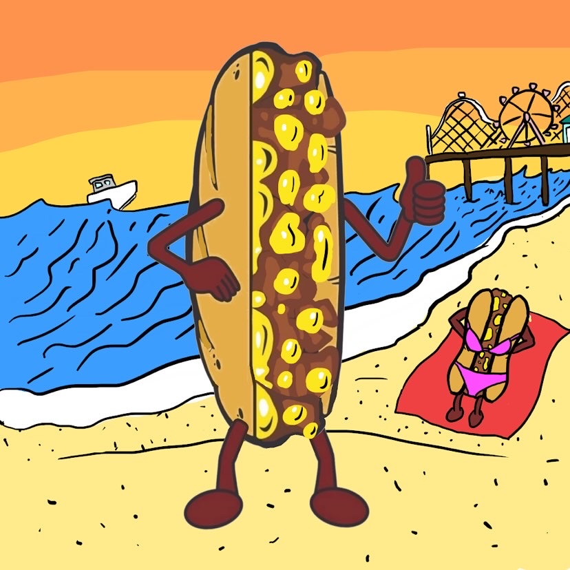 Mr Cheesey enjoying the beach while a lady cheesesteaks is catching some rays.